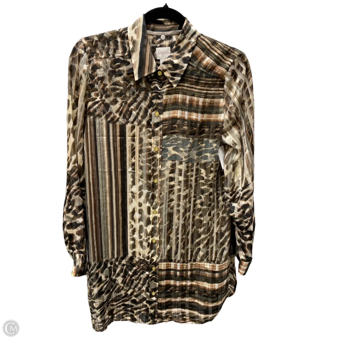 Blouse Long Sleeve By Chicos In Brown & Cream, Size: S