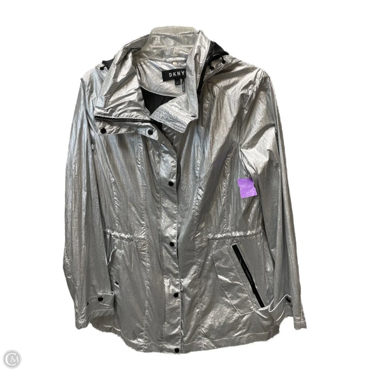 Jacket Windbreaker By Dkny In Silver, Size: M