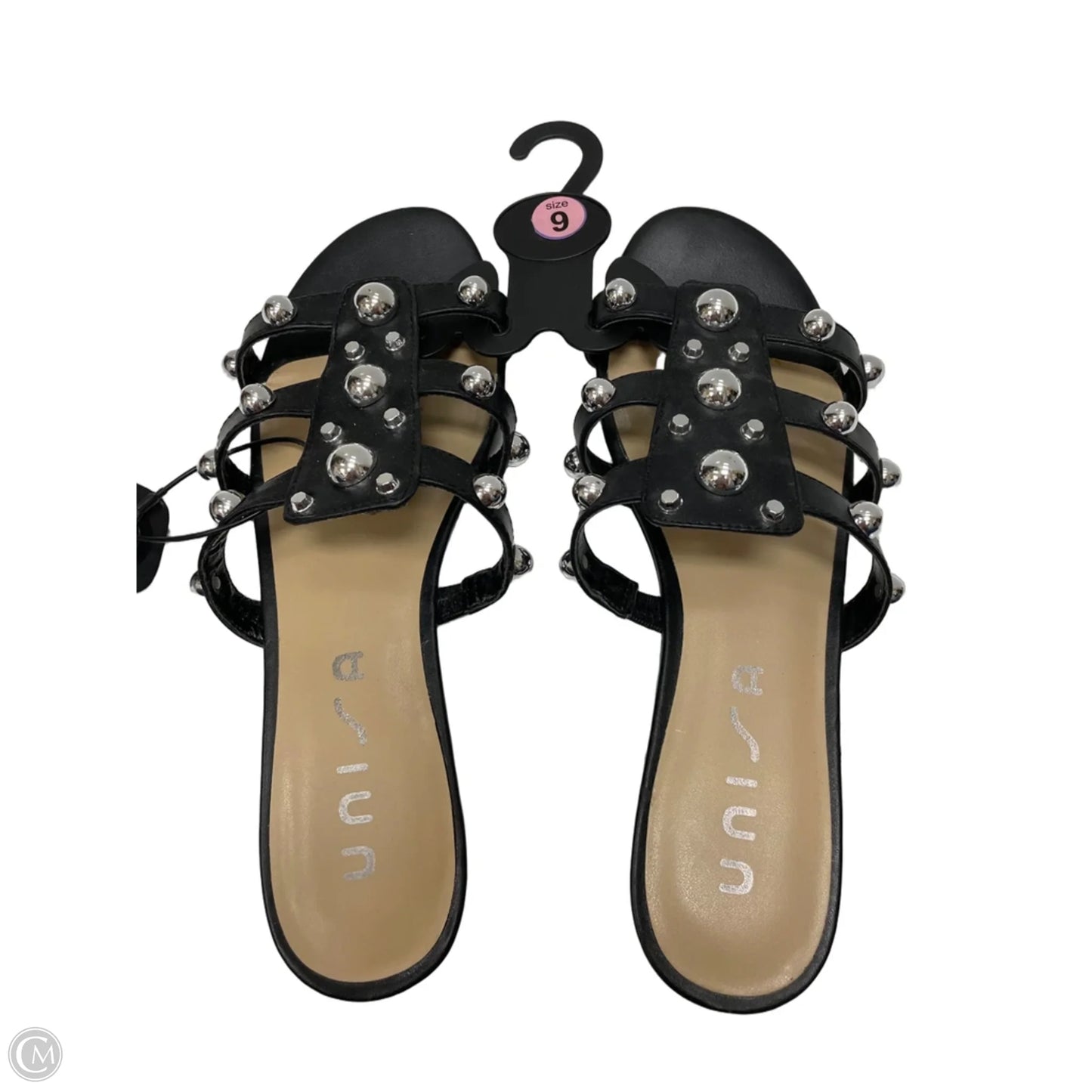Sandals Flats By Unisa In Black & Silver, Size: 9