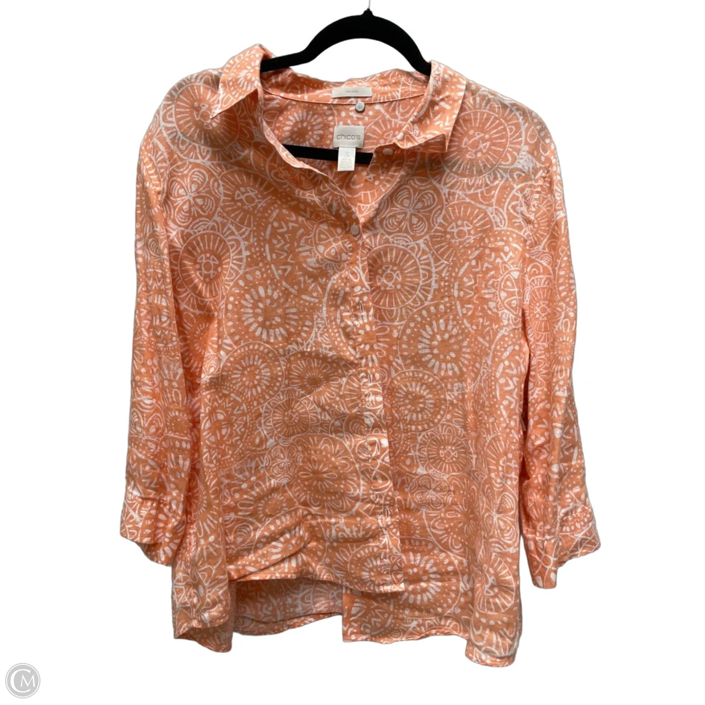 Blouse 3/4 Sleeve By Chicos In Orange & White, Size: L