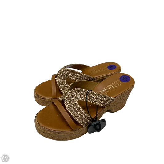 Sandals Heels Wedge By Italian Shoemakers In Brown & Gold, Size: 8.5