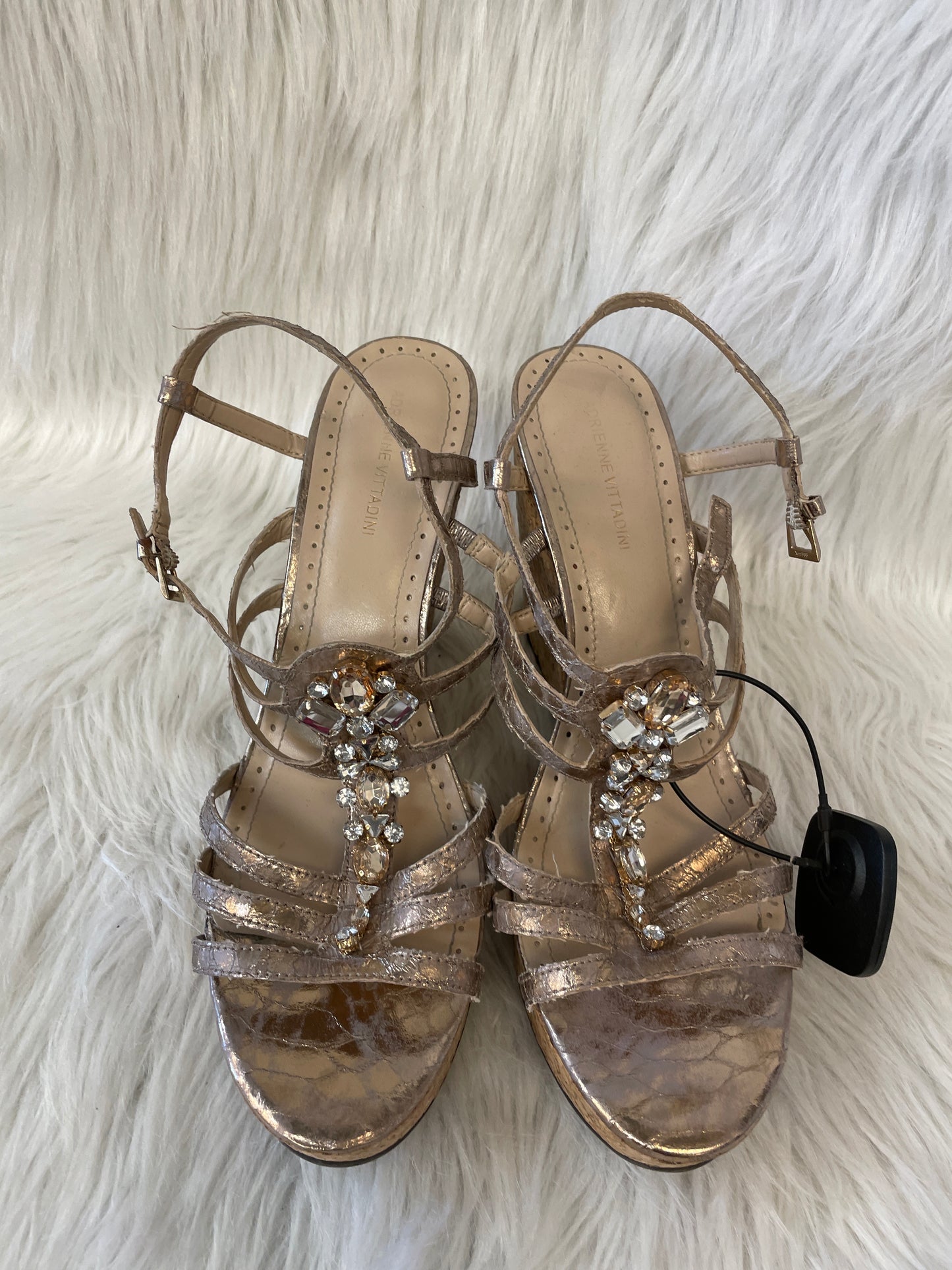 Brown & Gold Sandals Heels Wedge Adrienne Vittadini, Size 10