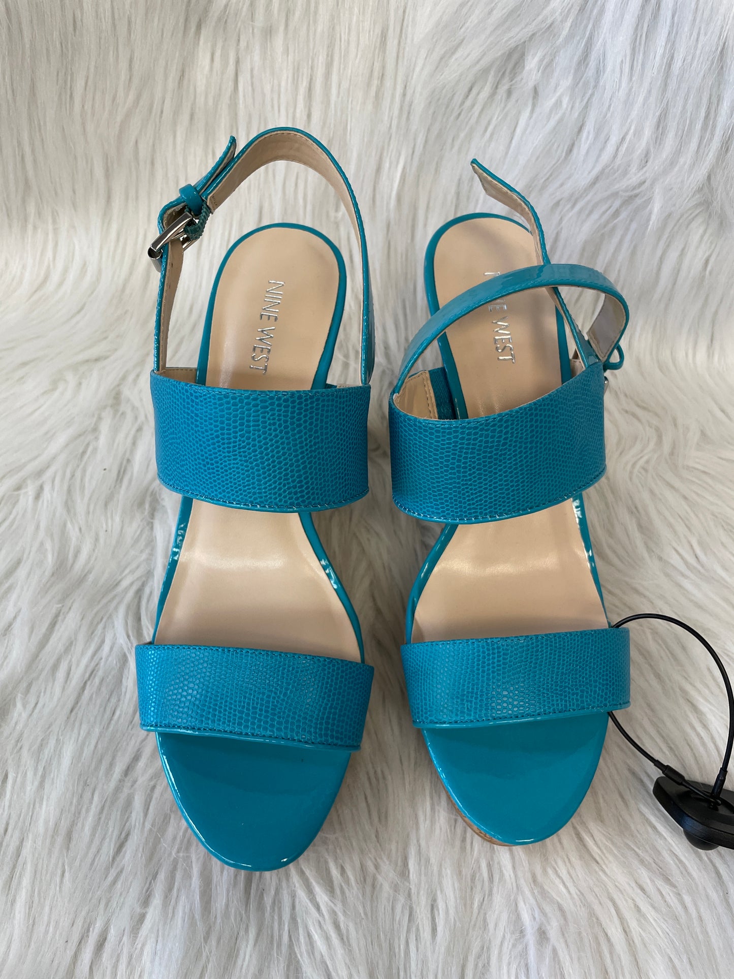 Blue & Tan Sandals Heels Wedge Nine West, Size 10.5