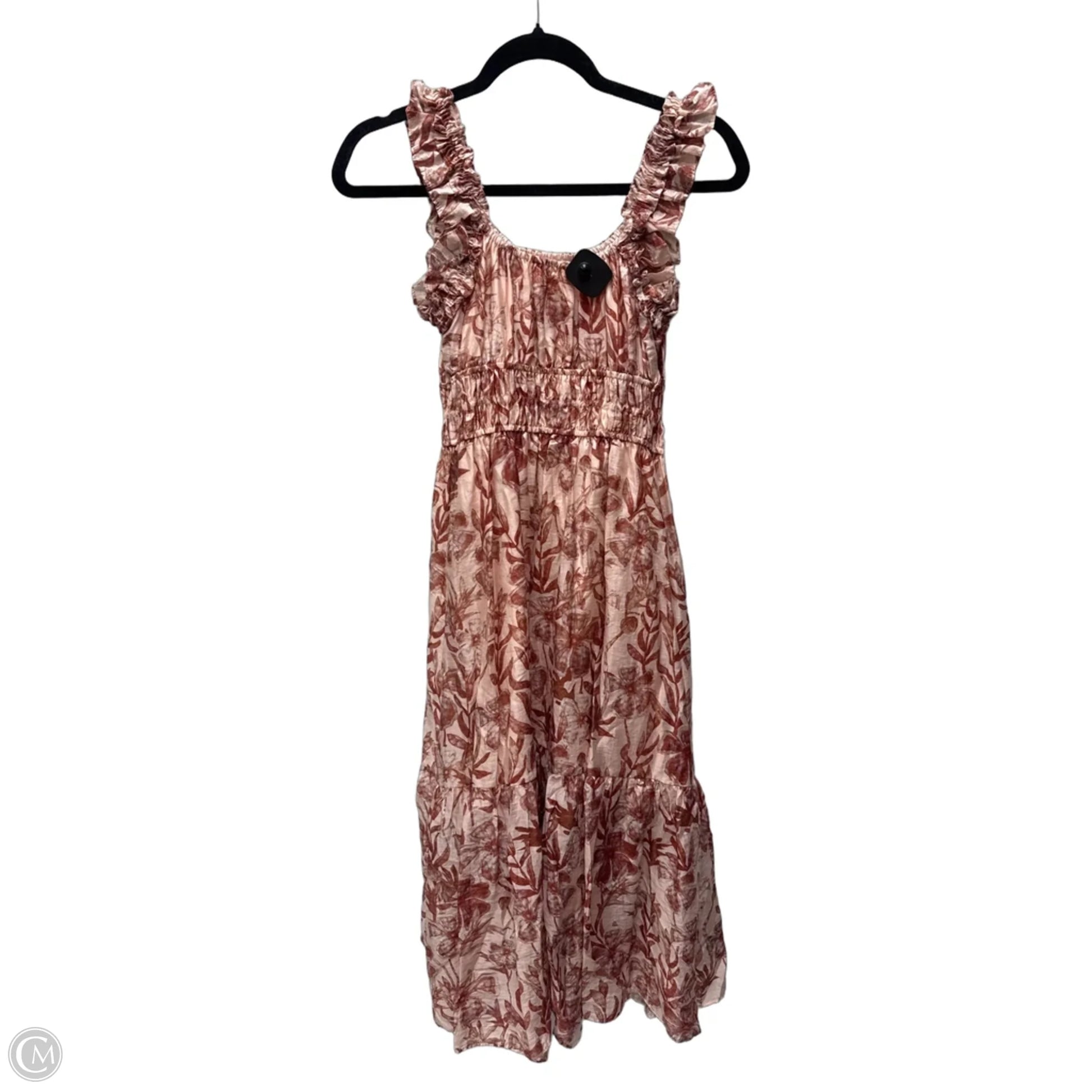 melloday dress MELLODAY Leaf Print Gathered Neck Sleeveless Tie Shoulder High-Low Midi Dress, Womens, L, Green/White Leaf