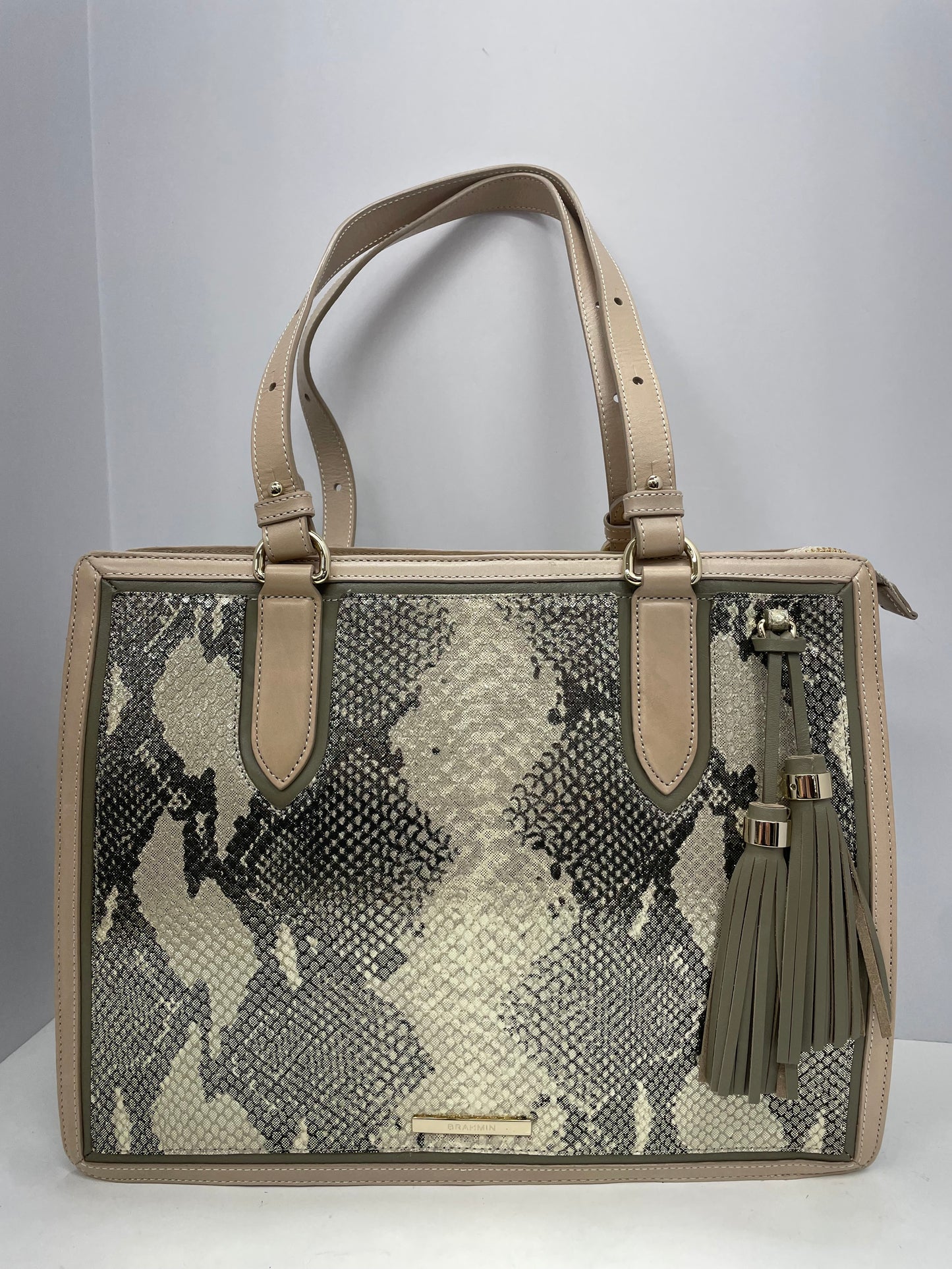 Handbag Designer By Brahmin In Green & Tan, Size:Large