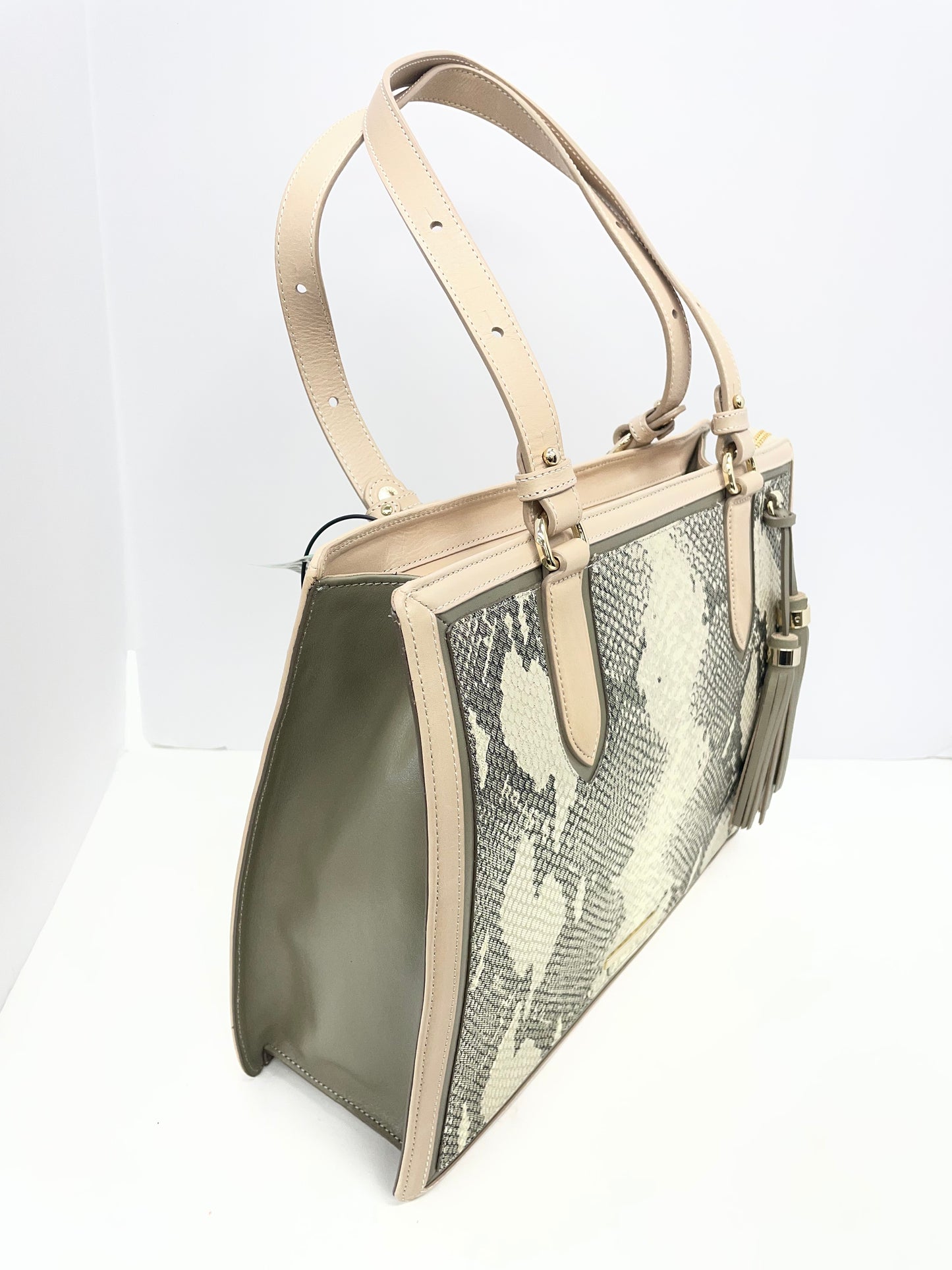 Handbag Designer By Brahmin In Green & Tan, Size:Large