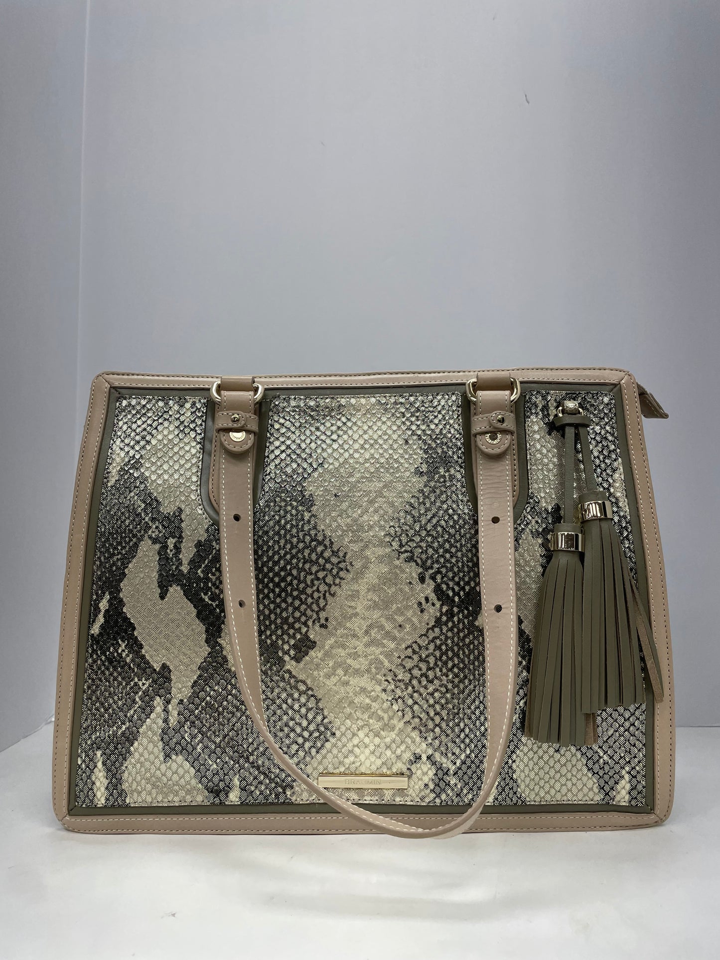 Handbag Designer By Brahmin In Green & Tan, Size:Large